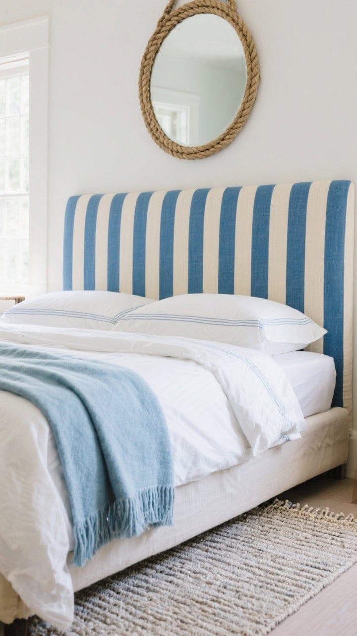 Detail closeup of pattern play: a blue-on-ivory wide stripe headboard filling the frame, with subtle pinstripe sheets peeking from the bed; a rope-trim mirror catching soft light in the background; a flatweave rug with a faint chevron at the bed’s edge; pale blue throw folded at the foot, soothing palette.