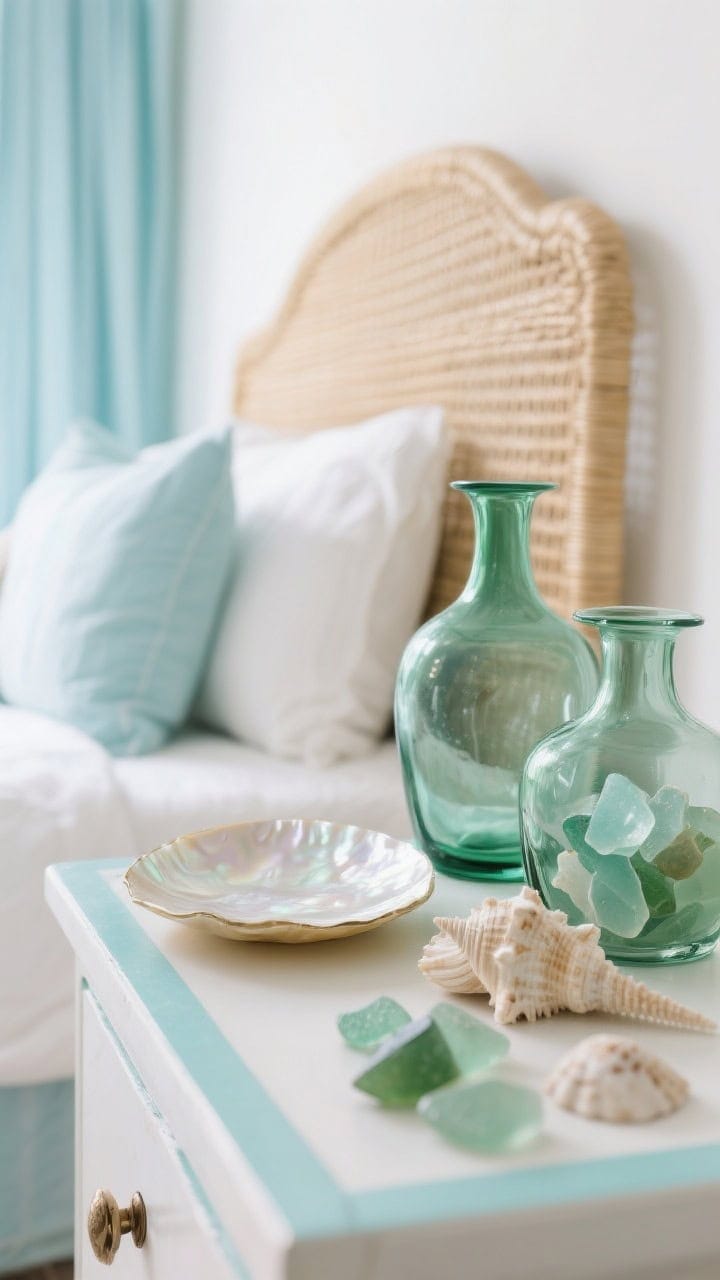 Detail closeup of seaglass and shell elements on a nightstand: sea-glass green glass vases, a mother-of-pearl tray, and crisp white bedding edged with soft aqua visible in the background; natural cane headboard and ice-blue linen drapes softly blurred; bright, airy daylight emphasizing translucence and pearly textures.
