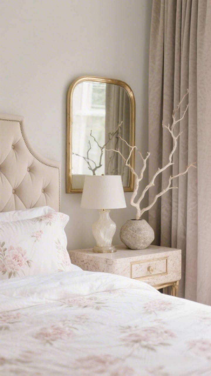 Detail closeup of soft glam neutrals: creamy linen bedding with a barely-there blush floral pattern, channel-tufted beige headboard in background blur. Edge of a travertine nightstand with an alabaster lamp, champagne-framed mirror catching soft light, pale taupe curtain panel. A sculptural branch in a stone vase completes the vignette. Colors: ivory, taupe, blush, champagne. Gentle, diffuse lighting emphasizing textures; photorealistic.