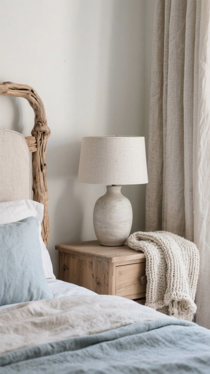 Detail closeup of texture pairings: driftwood bed frame corner with visible grain, stonewashed linen bedding in oyster, dove gray, and pale blue softly rumpled; edge of a fluted ash-wood nightstand; chunky knit throw draped across; linen blackout curtain in background; ceramic table lamp with chalky finish catching soft side light.
