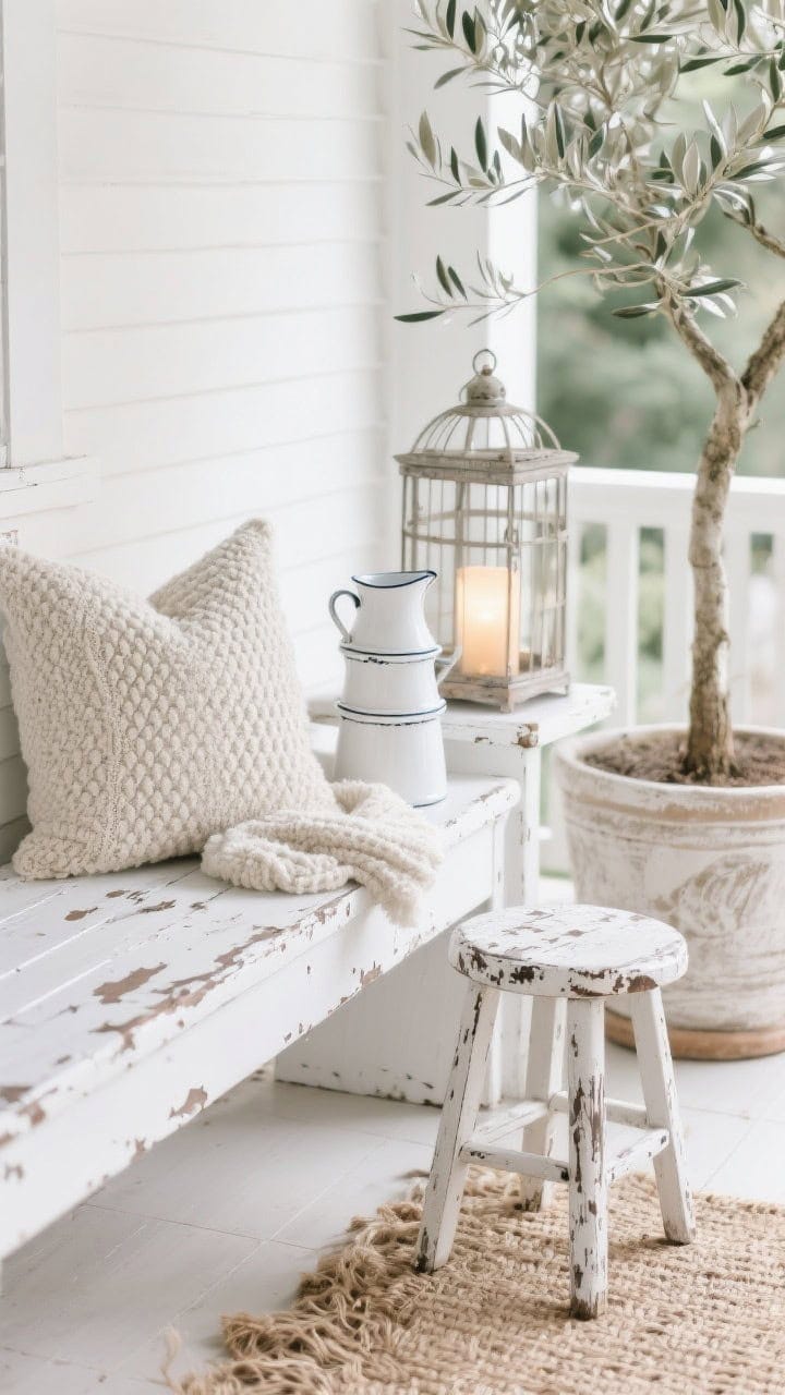 Detail closeup of “White-on-White Porch With Chippy Accents” textures: chippy-painted white bench surface with patina alongside an old milk stool used as a side table; stack of white enamel pitchers catching soft daylight; bleached jute rug fibers visible; nubby boucle pillow and waffle-knit throw layered for tactile contrast; olive tree in a limewashed pot with silvery leaves softly blurred in background; antique-style cage lantern with warm LED pillar glow out of focus; palette of white, ivory, and chalk emphasizing finish contrast; photorealistic.