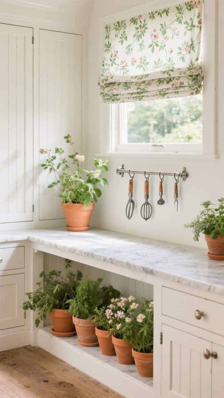 Detail/medium hybrid of an indoor potting corner: a marble-topped console beneath a window with hooks for tools, terracotta pots lined below, and sprigs of herbs and blossoms. Surrounding whitewashed cabinets show subtle wood grain, and a chintz roman shade with scattered blossoms softens the scene. Palette of whitewash, terracotta, leaf green, nickel; sunlit, garden-to-table vibe; photorealistic.