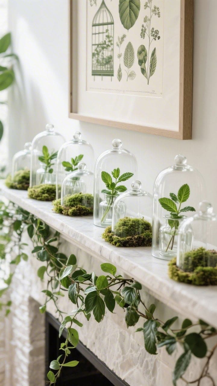 Detail overhead/angled shot: clear glass cloches lined up over tiny potted moss, interspersed with glass bud vases holding sprigs of mint; trailing pothos softening mantle edges; above, a botanic etching in olive matting; fresh, greenhouse feel with crisp natural light; photorealistic.