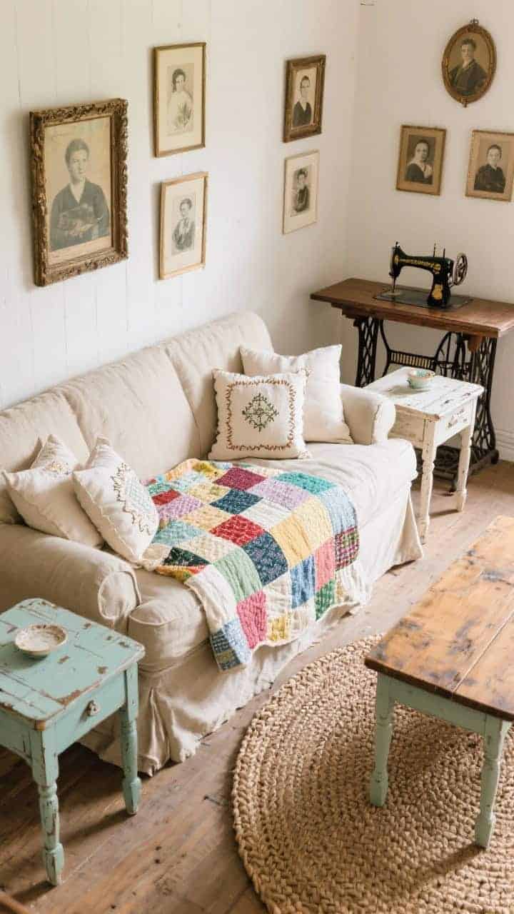 Detail/overhead shot: Heirloom patchwork cottage styling—an overhead view of a neutral linen sofa draped with a colorful patchwork quilt, needlepoint pillows layered on top; nearby mismatched thrifted side tables painted in chalky pastels; a braided oval rug partially visible; glimpses of a gallery wall of family portraits in antique frames and a console made from a vintage sewing machine base with reclaimed wood top, soft daylight, photorealistic.
