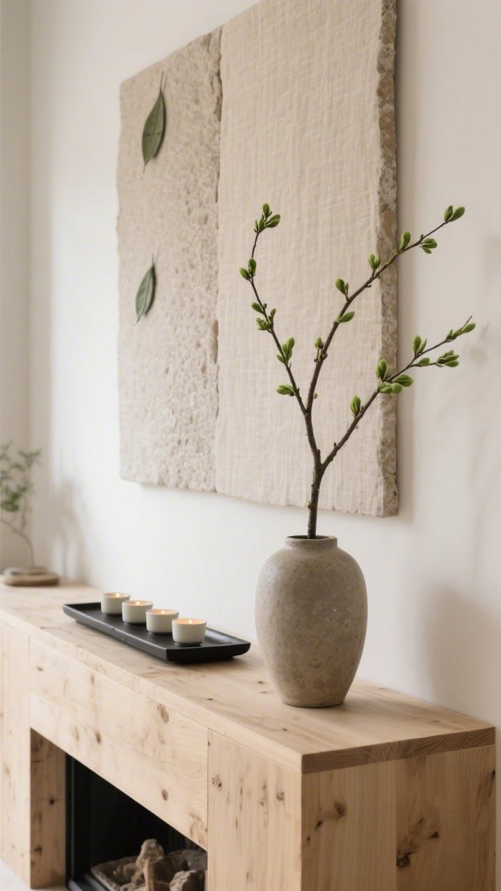 Detail shot at a slight angle: blonde wood mantle with a low, long charcoal tray holding minimalist tea-light cups; tall stoneware vase containing a single sweeping green-budded branch for height; above, a textured linen wall panel; palette of sand, stone, and leaf; serene Japandi calm with soft, even natural light; photorealistic.