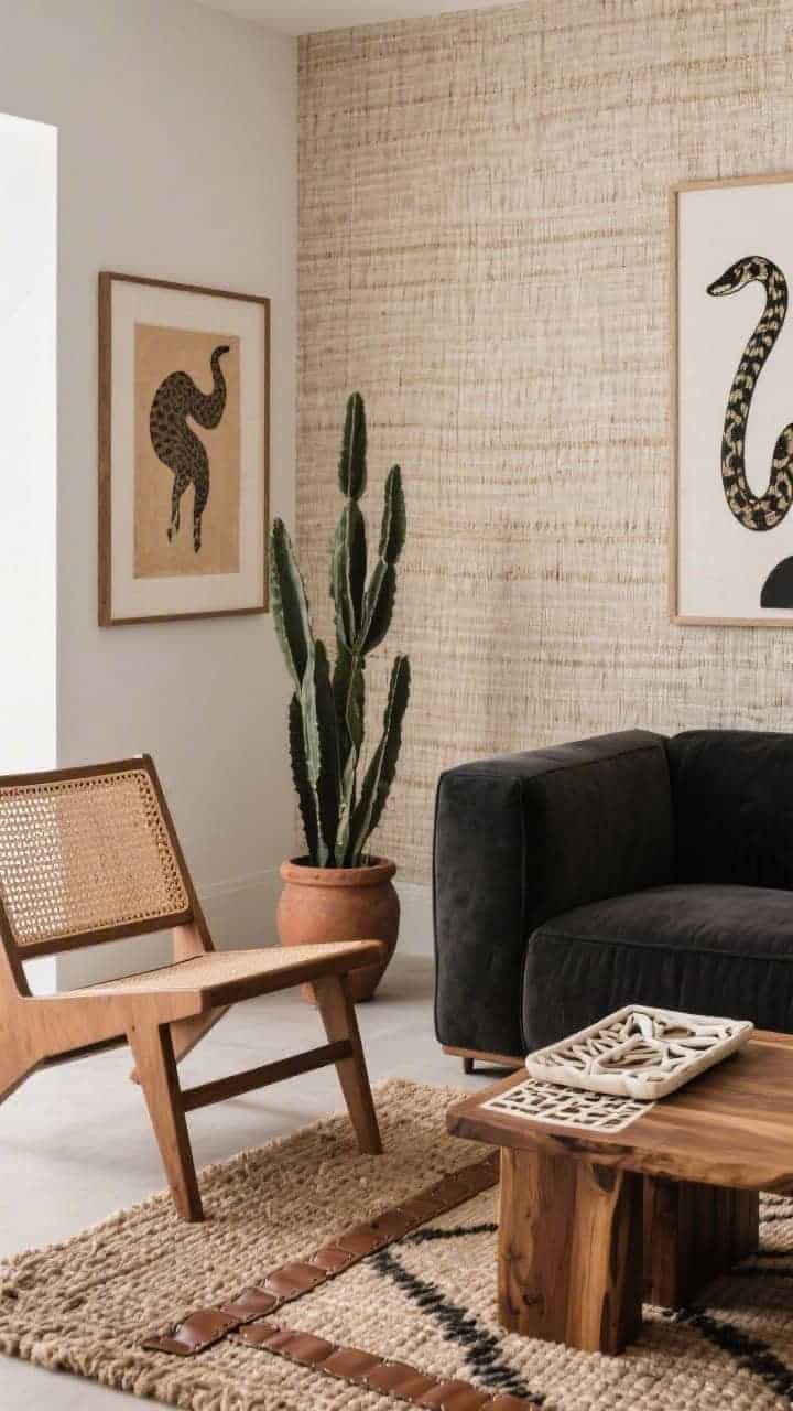 Detail shot, Contemporary Safari: closeup of a neutral grasscloth feature wall texture with a rattan accent chair edge in frame; jute-and-leather rug pattern at the foot; corner of a charcoal sofa and natural wood end table with bone inlay tray; abstract animal-inspired print slightly blurred on wall; tall snake plant in a clay pot nearby; palette of charcoal, camel, ivory, espresso; soft ambient light, photorealistic.