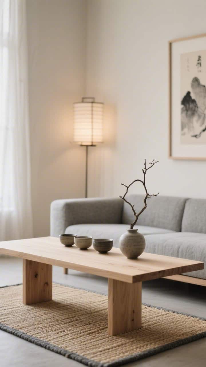 Detail shot, Japandi Serenity: closeup of a pale oak bench-style coffee table on a tatami-inspired rug with a thin sisal mat edge visible; stone-grey low structured sofa background blurred; rice-paper sconce glow on a cream wall; ceramic tea bowls neatly arranged and a single sculptural branch in a bud vase; minimalist ink print partially framed; palette of stone, pale oak, ink, cream; tranquil diffused light, photorealistic.