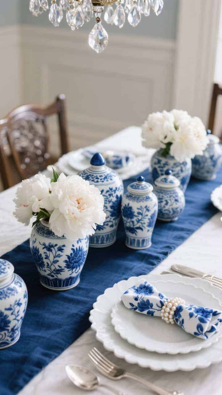 Detail shot of classic blue-and-white elegance: navy linen runner with a cluster of blue-and-white chinoiserie ginger jars brimming with white peonies; close view of a place setting with white scalloped plates, silver flatware, blue floral napkin with pearl napkin ring; glints from a crystal pendant above; refined, softly lit scene.