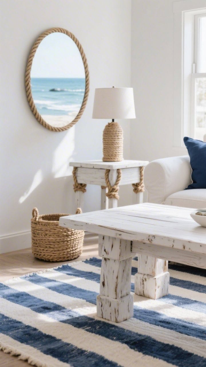 Detail shot, Rustic Coastal: closeup of a whitewashed oak coffee table with chunky legs beside a matching side table; rope details featured—a rope-trim mirror edge reflecting light, a rope-wrapped lamp base, and a small rope basket near the sofa; blue-and-white striped cotton rug visible beneath; muted pastel abstract seascape slightly blurred in background; palette of white, whitewashed oak, navy, sky blue; coastal sunlight, photorealistic.