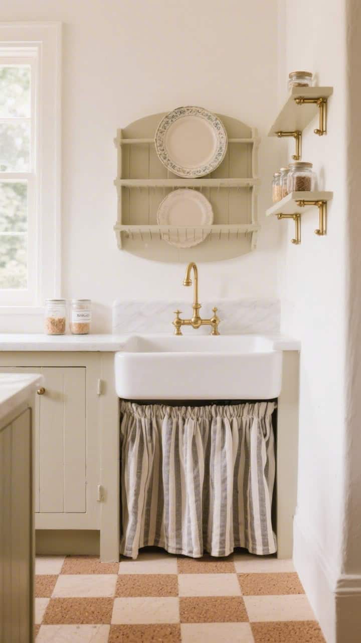 Detail shot, straight-on, of a quaint scullery nook: wall-mounted plate rack painted mushroom beige over a compact apron-front sink set against soft white walls. Under-sink striped skirted fabric hides storage. Checkerboard cork tiles on the floor are partially visible. Small brass gallery rails on shelves hold jars neatly. Gentle morning light, intimate and charming.