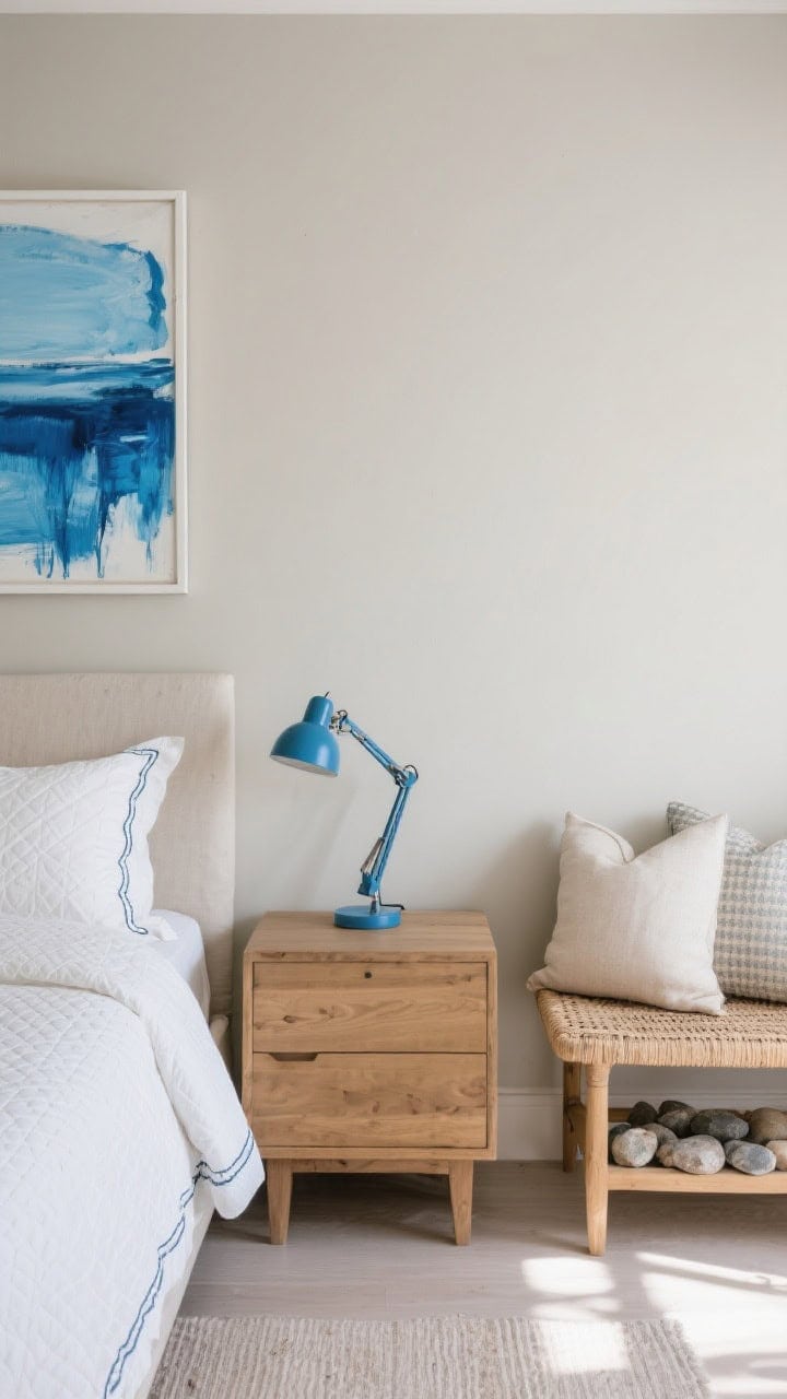 Detail vignette for neutral boardwalk look: greige wall backdrop; oak nightstand with ivory matelassé bedding edge visible; a cobalt task lamp providing a pop of blue; above, a cerulean abstract canvas; woven bench and pebble-toned pillows hinted in the periphery; soft, natural coastal daylight.