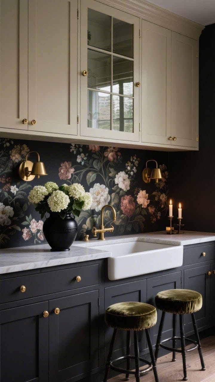 Dramatic medium shot: matte charcoal lower cabinets with creamy uppers and unlacquered brass hardware. Behind glass uppers, a moody Dutch-still-life floral wallpaper creates depth. A deep farmhouse sink, black-and-brass sconces, velvet cushions on stools, and a single black urn filled with hydrangeas add glamour. Candlelit, moody ambiance; photorealistic.