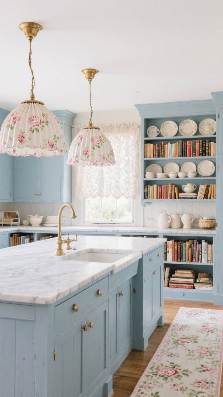 Island-focused medium shot: chalky blue cupboards with honed Carrara counters and a delicate lace curtain at the window. Over the island hang pleated fabric pendant shades in a micro-peony print. Brass library lights illuminate open shelving stacked with cookbooks and creamware; a narrow faded floral runner underfoot. Librarian-chic meets cottage comfort; soft blush accents; photorealistic.