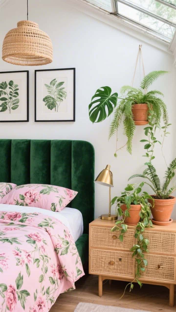 Medium angle greenhouse-inspired setup: bed dressed in a pink-on-ivy floral print, deep green velvet headboard against a soft white wall. Terracotta planters with live plants—monstera, ferns, trailing pothos—clustered near a cane-front dresser. Brass task lamp on the nightstand and a rattan pendant overhead. Botanical prints in thin black frames. Colors: blush, forest green, terracotta, natural cane. Lush, fresh daylight; photorealistic.