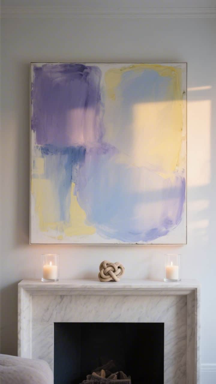 Medium, art-led mantle: large moody pastel abstract canvas centered—lavender shadows, butter yellow light, foggy blue hints; mantle kept minimal with two clear glass cylinders holding floating candles and a single sculptural knot; generous negative space; calm, contemplative lighting; photorealistic.