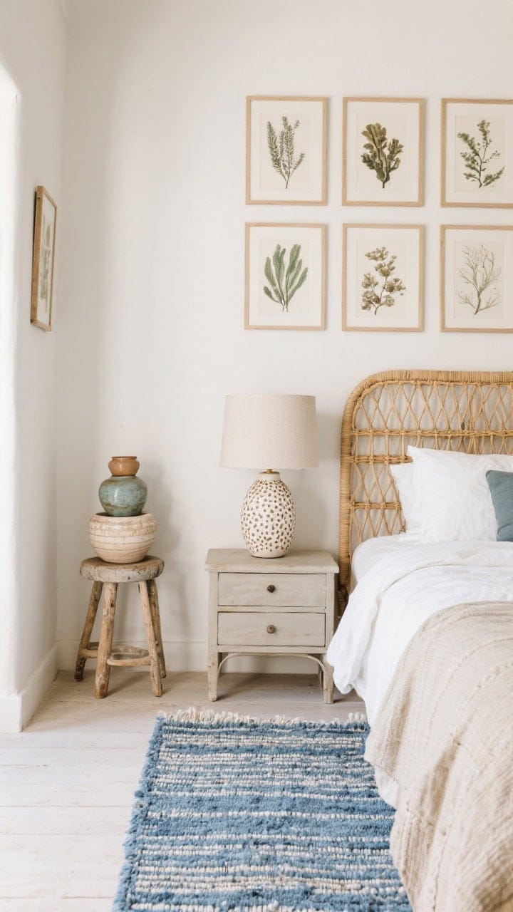 Medium artisan mix corner: chalk-white walls and a cane-panel bed; ceramic lamps with thumbprint glazing on nightstands; a handwoven blue rug underfoot; framed botanical seaweed prints arranged above; a small stack of coastal pottery on a stool; sun-faded colors grounded in sandy neutrals.