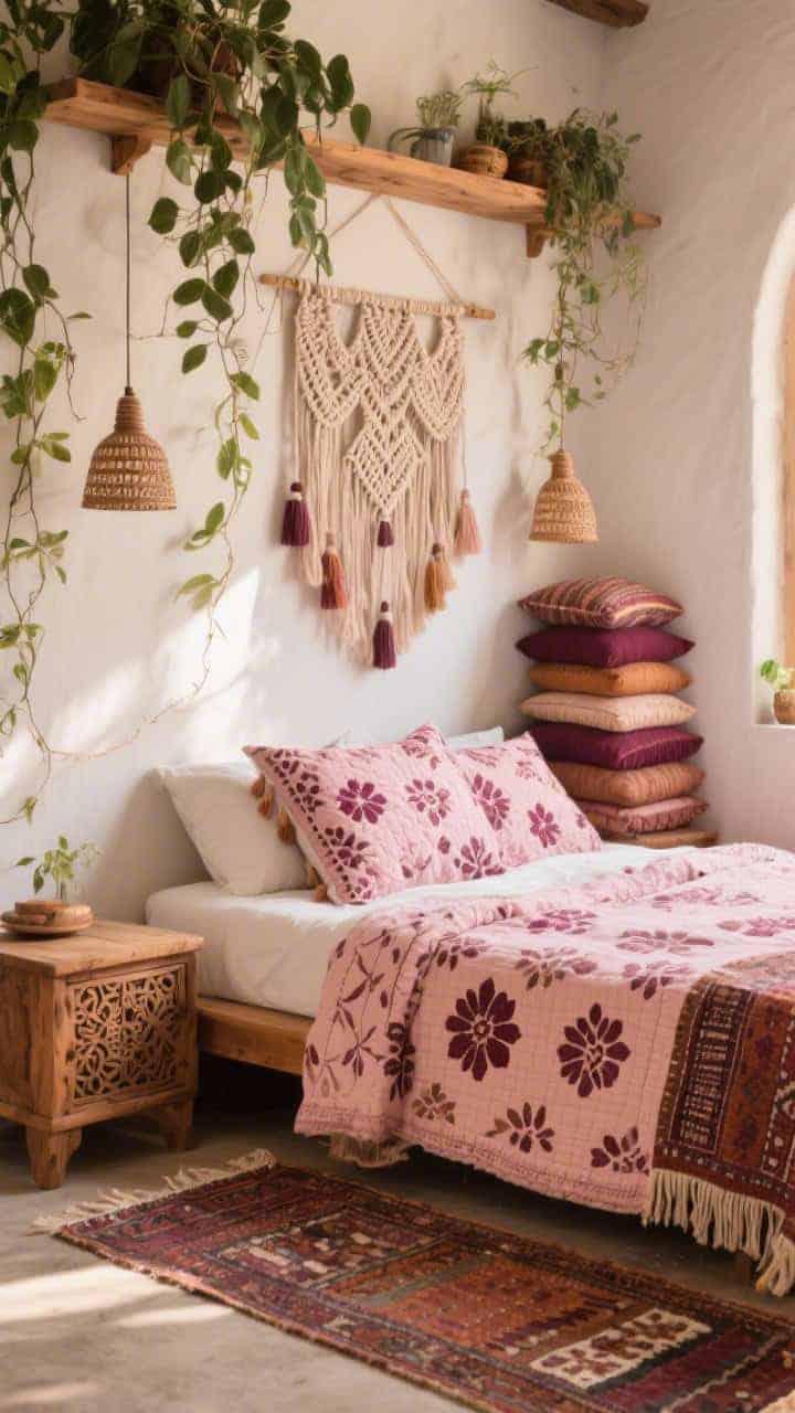Medium boho bedroom corner: block-printed floral quilt in dusty pinks and berry tones on a low platform bed. Carved wood nightstands, kilim runner partially visible. Macramé wall hanging above, woven pendant lights, stack of floor pillows with tassels and fringe. Trailing plant draping over a headboard shelf. Colors: dusty pink, clay, berry, warm wood. Warm afternoon light enhancing kantha stitching and woven textures; photorealistic.