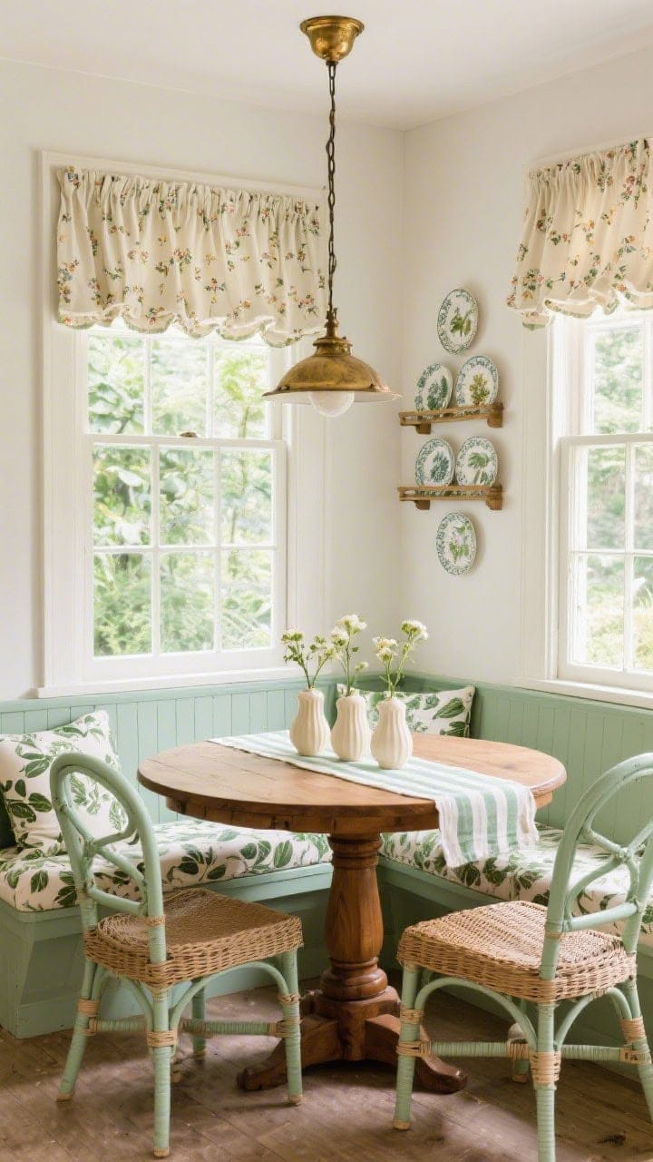 Medium breakfast nook: Garden-inspired corner with a built-in bench topped in leafy chintz cushions, painted wicker chairs in soft celadon, and a warm oak round pedestal table; pleated fabric shades in tiny floral at the windows; vintage brass pendant overhead; table styled with a bud vase trio, striped linens, and cream stoneware; nearby plate rack displaying botanical plates; morning daylight, breezy charm.