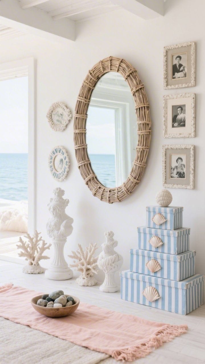 Medium coastal grandmillennial vignette: cane-wrapped mirror centered; chalky white coral figurals and a stack of blue ticking-stripe boxes adding pattern; shell-inlay frames with vintage family photos; pale coral linen runner and a bowl of polished stones; charming, collected calm under soft seaside daylight; photorealistic.