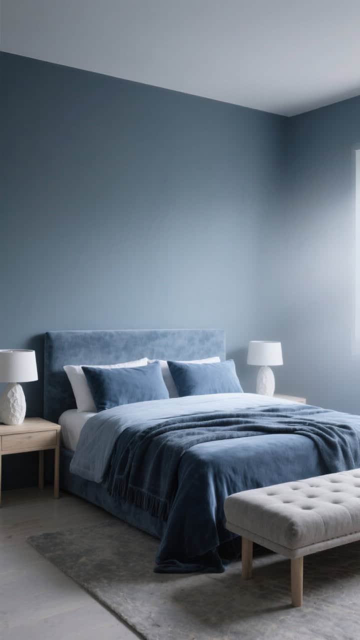 Medium, cocooning monochrome: velvety gray-blue painted walls; bed layered tone-on-tone with deeper and lighter blues—duvet, euro shams, and throw; white plaster lamps on pale wood side tables; stone-colored upholstered bench at the foot; diffuse, misty ambiance like horizon haze.