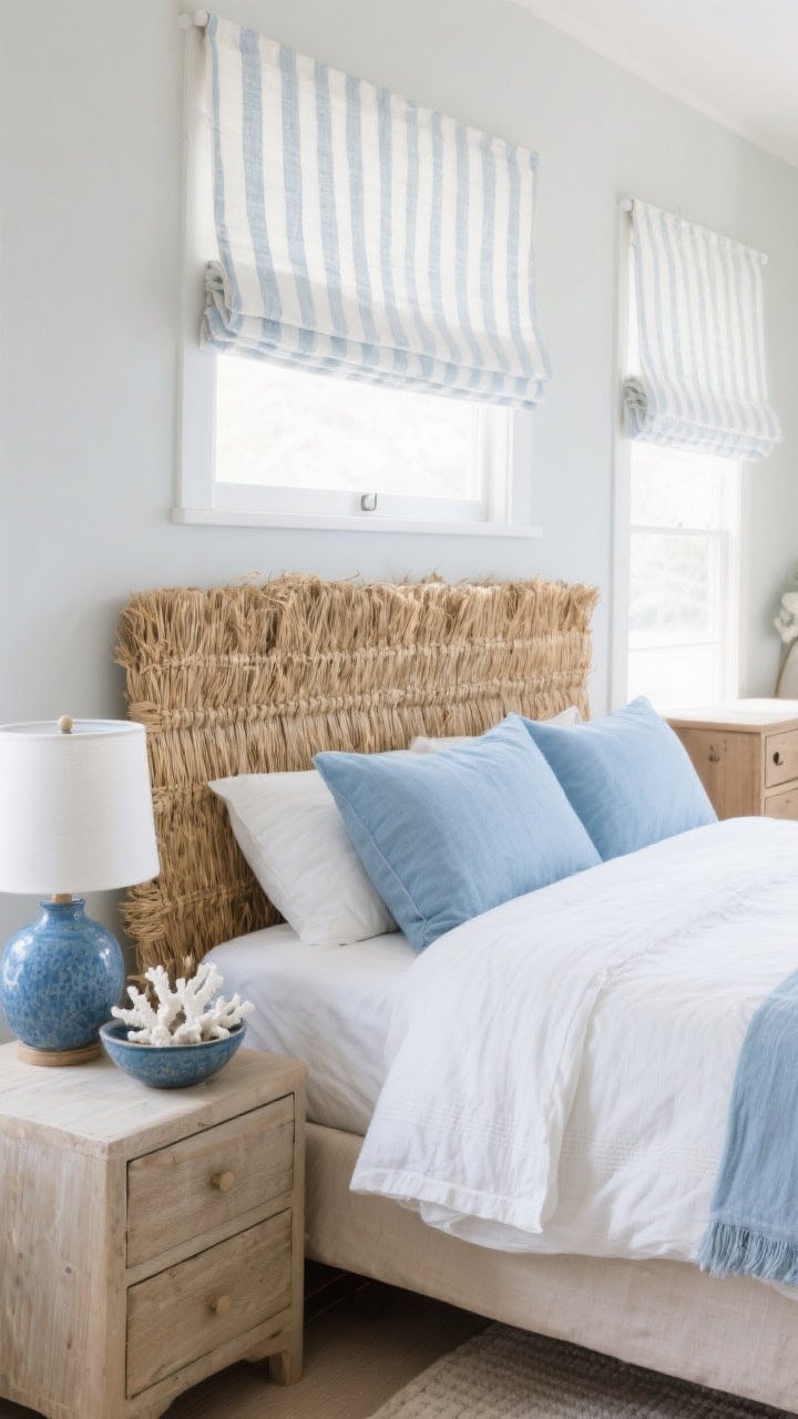 Medium, cohesive seagrass vignette: seagrass headboard and matching nightstands; sky blue shams and slub cotton duvet in soft white; striped Roman shades partially lowered; blue-glazed lamp on nightstand; bowl of white coral on dresser in background; calm, textured coastal retreat under filtered daylight.