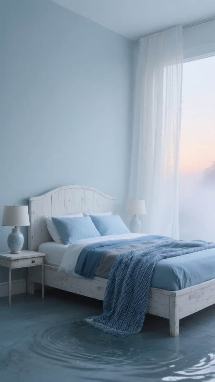 Medium corner-angle shot of a foggy, dawn-inspired bedroom painted pale gray-blue; a whitewashed wood bed with gently curved edges dressed in layered blues—sky, slate, and cornflower; gauzy white curtains filtering diffused light; porcelain lamps on simple side tables; a soft herringbone throw draped at the foot, evoking water ripples.