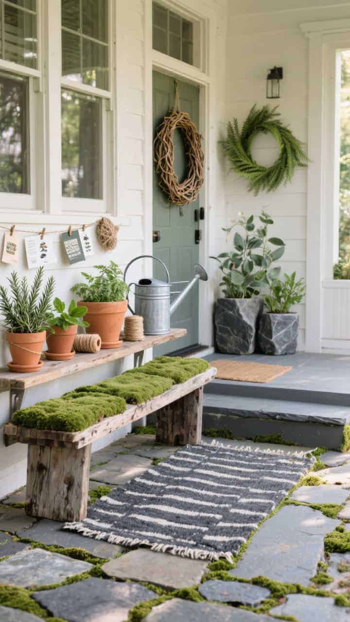 Medium corner-angle shot of a “Mossy Stone & Herb Garden Nook” porch vignette: slate-toned flagstone-look outdoor rug beneath a weathered wood bench with mossy-green seat pads; distressed pine potting console lined with clay pots of rosemary, thyme, and mint; terracotta, raw wood, and galvanized steel materials visible; twine spools, seed packets clipped to string, and a zinc watering can styled on the console; woven vine wreath with tucked fern fronds on the door; pair of stone-look planters by the steps; palette of moss, eucalyptus, clay, and charcoal; soft morning light, photorealistic.