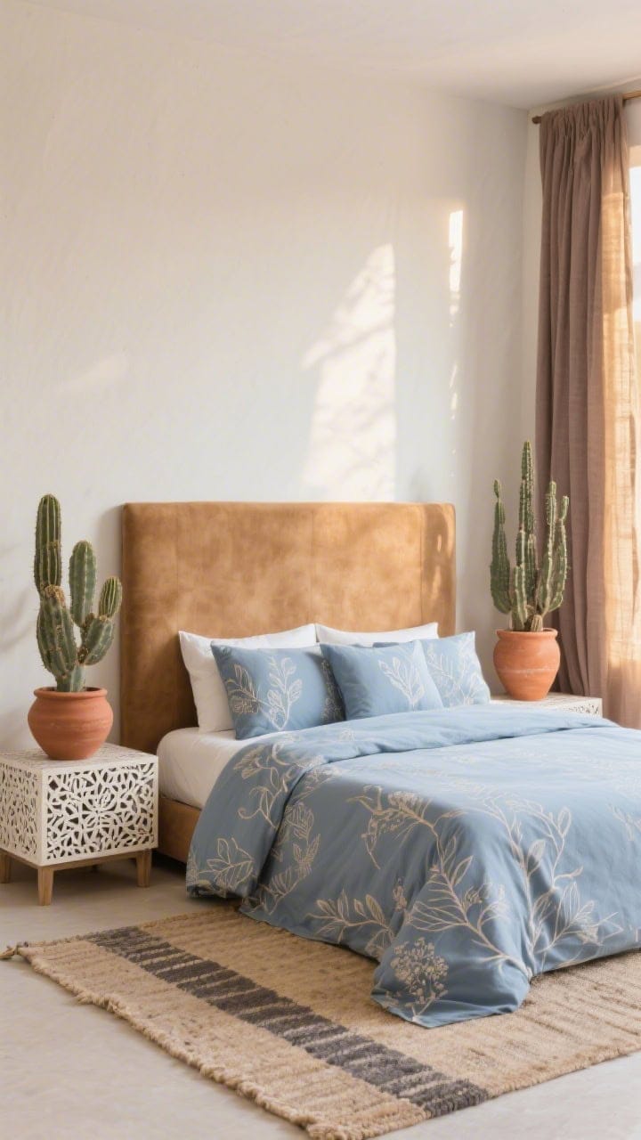 Medium, desert-sky palette: dusty blue botanical bedding with fine outlines on a warm off-white base; camel suede headboard; terracotta pots with sculptural cacti on bone-inlay nightstands; flat-weave rug in sand and slate; linen drapes in warm taupe filtering golden light; airy, sun-bleached calm.