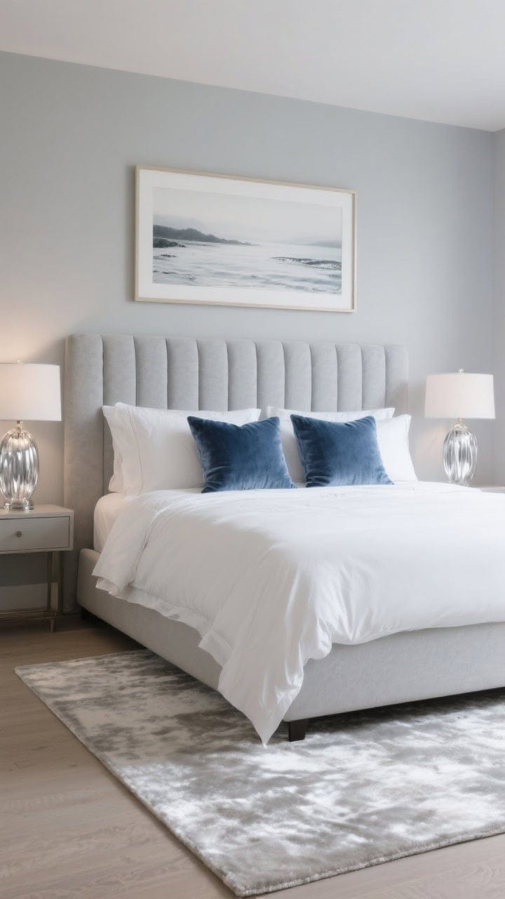 Medium, elegant vignette of quiet luxury: pearl-gray walls; a fog-toned channel-tufted headboard; crisp white percale bedding; steel-blue velvet pillows centered; mercury glass lamps reflecting soft ambient light; a silky rug in silvered sand underfoot; simple framed misty shoreline sketches with wide mats above the bed.
