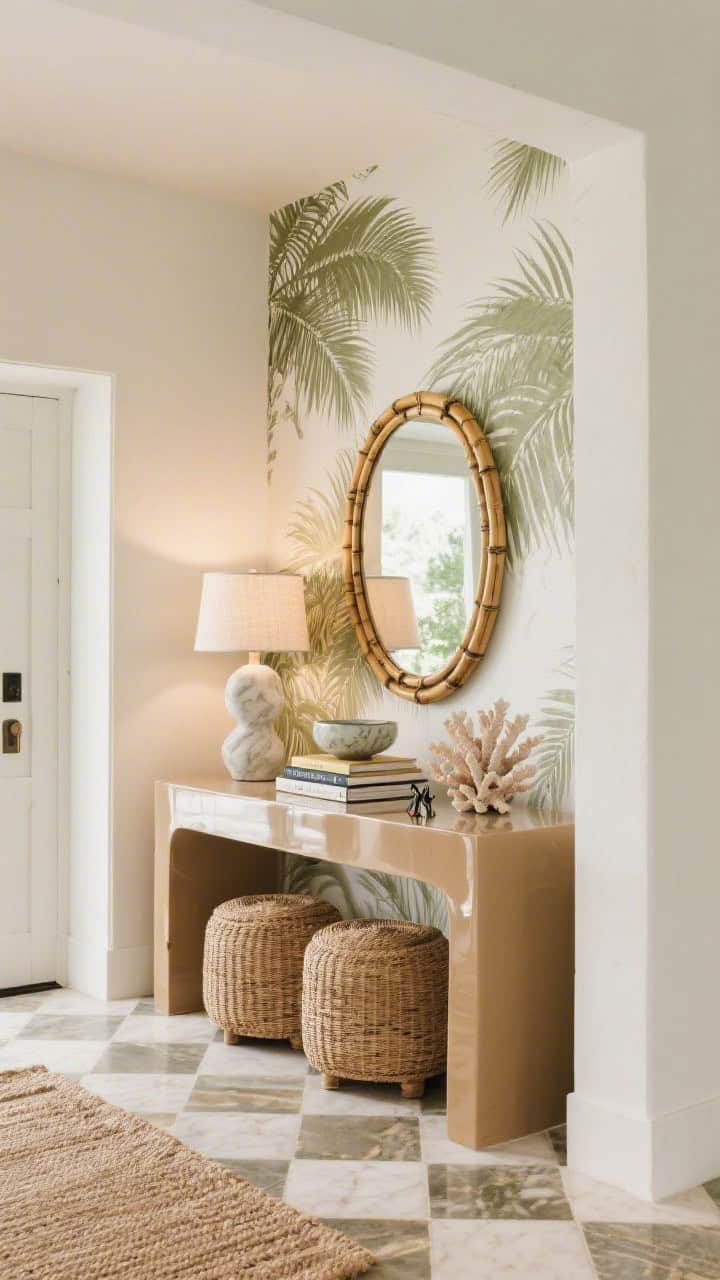 Medium entryway scene: Tropical modern entry with a soft camel high-gloss console, rattan ottomans tucked beneath, and a rounded bamboo-framed mirror; console styled with stacked coffee-table books, a coral-inspired sculpture, and a porcelain bowl for keys; walls in muted olive and ivory palm-leaf print; flooring in checkerboard limestone or a jute runner; narrow marble lamp with linen shade casting polished glow; vacation energy, refined.