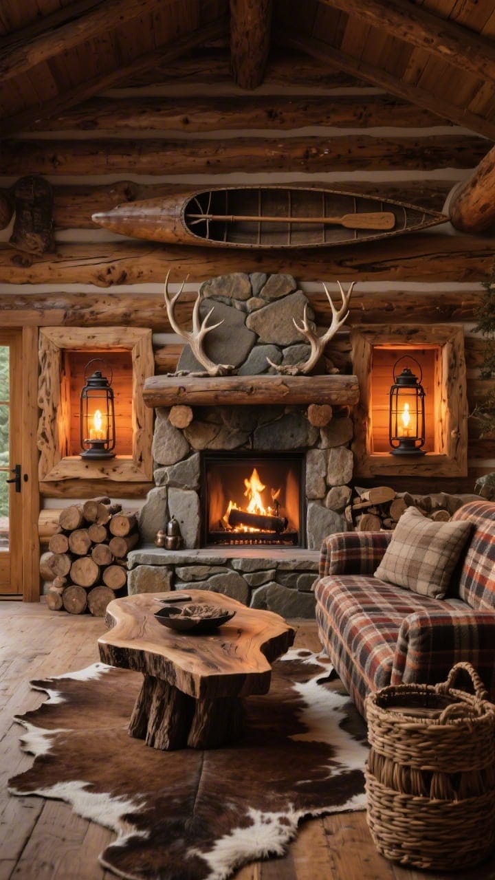 Medium fireplace scene in a rustic cabin: knotty pine walls, stone fireplace; two recessed log niches on either side housing oversized iron lanterns with realistic flickering LED flames; live-edge coffee table over a bearhide-look rug; plaid wool sofa, stacked wood baskets, subtle antler accents, vintage canoe paddle over doorway; amber bulb warmth for fireside glow, photorealistic.