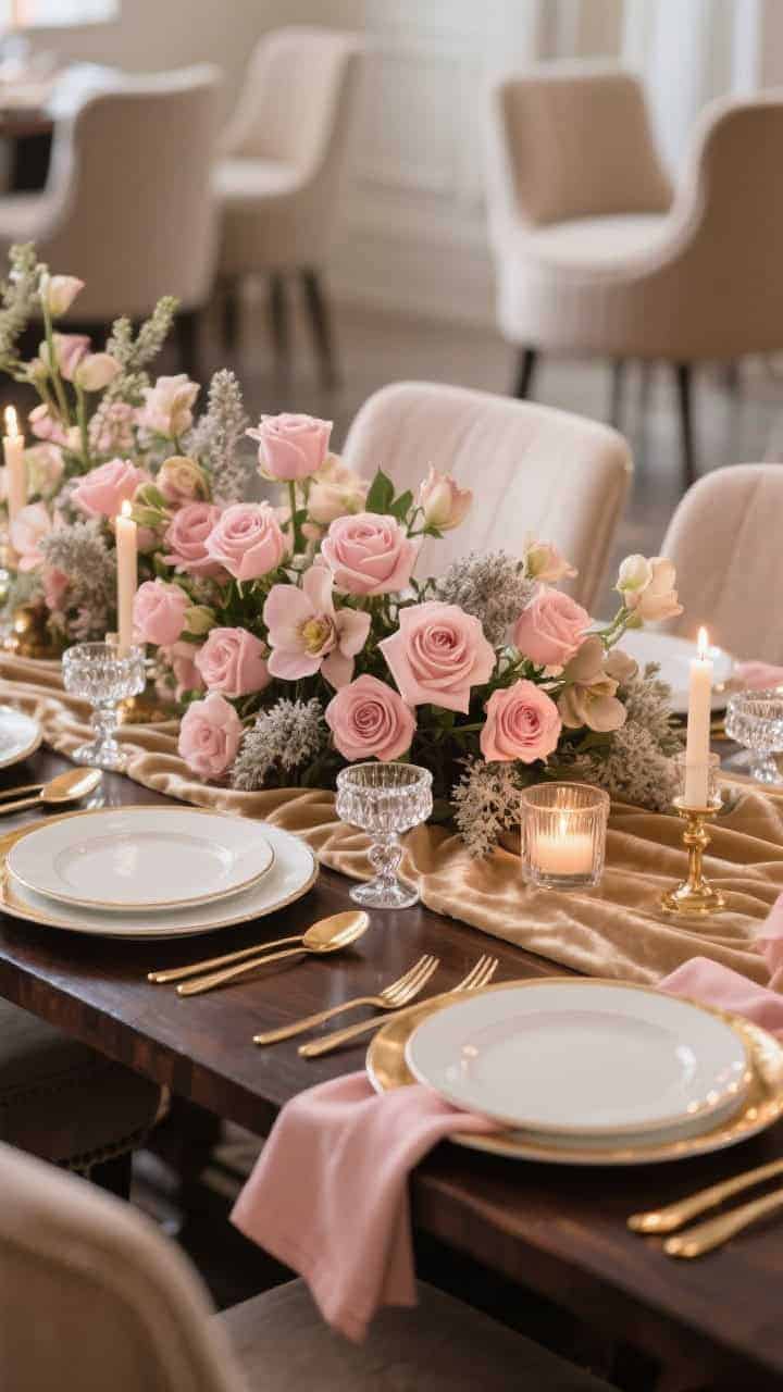 Medium glam centerpiece shot: dark wood table with a champagne-toned velvet runner; low, lush arrangement of pale pink roses, hellebores, and dusty miller spanning the center; white plates with thin gold rim, gold flatware, blush napkins threaded through crystal rings; glass taper holders and tea lights glowing; upholstered neutral chairs blurred in background; soft, romantic lighting.