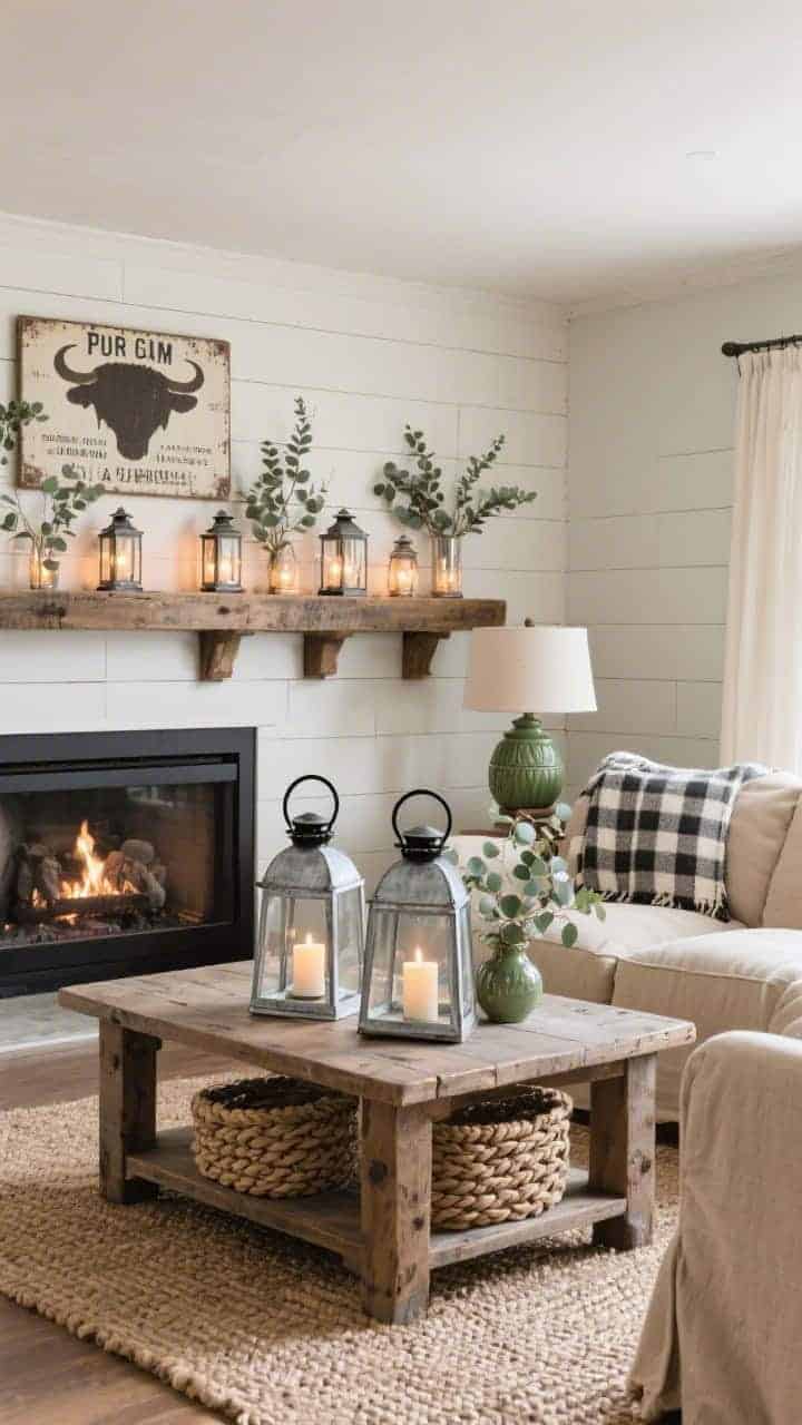 Medium hearth-focused shot of a farmhouse living room with shiplap accent wall, beige slipcovered sofa, chunky farmhouse coffee table; two galvanized steel lanterns with black handles on the hearth containing battery candles for steady warm light; reclaimed console lined with mini lanterns holding sprigs of eucalyptus; buffalo-check throw, vintage signs, braided rug, olive green ceramic lamp accent; inviting, homey ambiance, photorealistic.