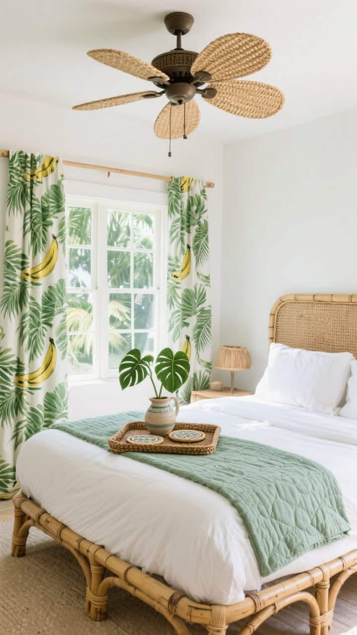 Medium, island-inspired scene: bamboo/rattan bed with crisp white sheets and a sage quilt folded at the foot; botanical-print curtains (banana leaf/palm, mellow green) framing window; woven tray with coasters and ceramic pitcher holding monstera stems on bed; woven ceiling fan above; bright tropical daylight.