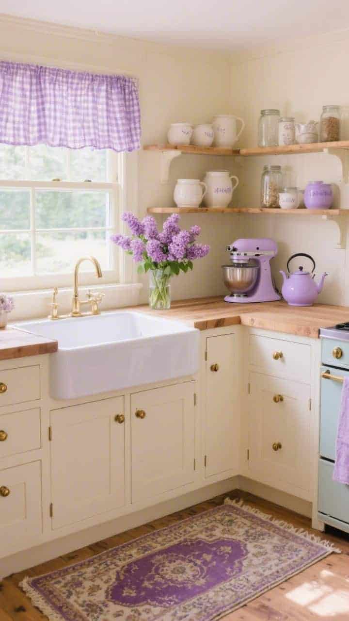 Medium kitchen corner, cottagecore vibe: buttercream cabinets with brass cup pulls, lavender-checked cafe curtains at the window, bouquet of lilacs near a farmhouse sink; open shelves styled with cream stoneware, glass jars, and a pastel lavender stand mixer; wood butcher block counters; vintage Persian runner on the floor with hints of lilac and plum; a pale lavender kettle; warm natural light.