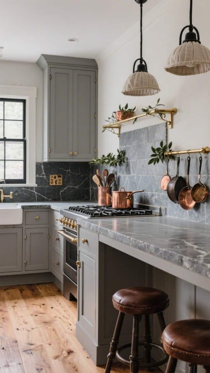 Medium range wall shot: Refined pewter grey frameless shaker cabinets with dark, velvety soapstone counters and a 4-inch soapstone backsplash; above the range, a brass-capped rail holding gleaming copper pots, vintage ladles, and sprigs of bay; oiled oak floorboards glowing softly; linen drum pendants overhead; black iron window latches framing a simple window; saddle stools in chocolate leather tucked under the counter; sleek yet cottage-authentic mood.