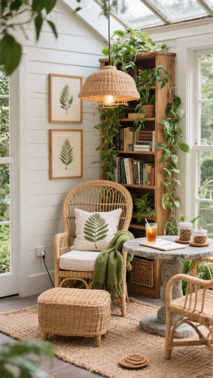 Medium reading nook view of “Botanical Library Porch With Rattan Layers”: high-back rattan chair with matching ottoman beside a slender teak bookshelf filled with trailing pothos, herb ID books, and botanical prints in thin oak frames; natural sisal rug underfoot; plug-in wicker pendant overhead for warm ambient light; leaf-print linen pillow and moss-colored throw on the chair; stone-topped bistro table between two rattan chairs holding iced tea and a notepad for garden sketches; accents of pressed fern art, woven coasters, cork-topped seed jars; lush greenhouse-meets-library mood, photorealistic.