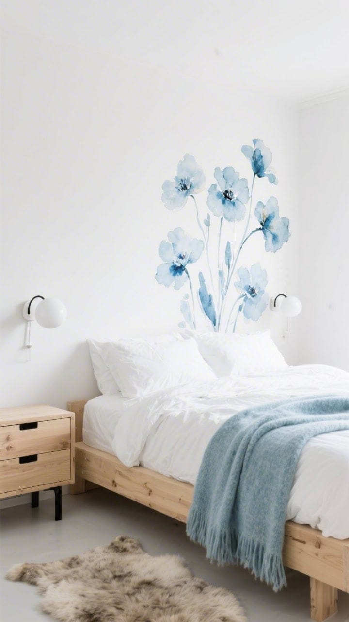 Medium, Scandinavian serene setup: painterly watercolor florals in whispery blues on a crisp white duvet; blonde wood platform bed; simple white globe sconces; light oak dresser with matte black pulls; thick ice-blue wool throw folded neatly; sheepskin rug draped along the bedside; soft, diffused daylight, minimal clutter.