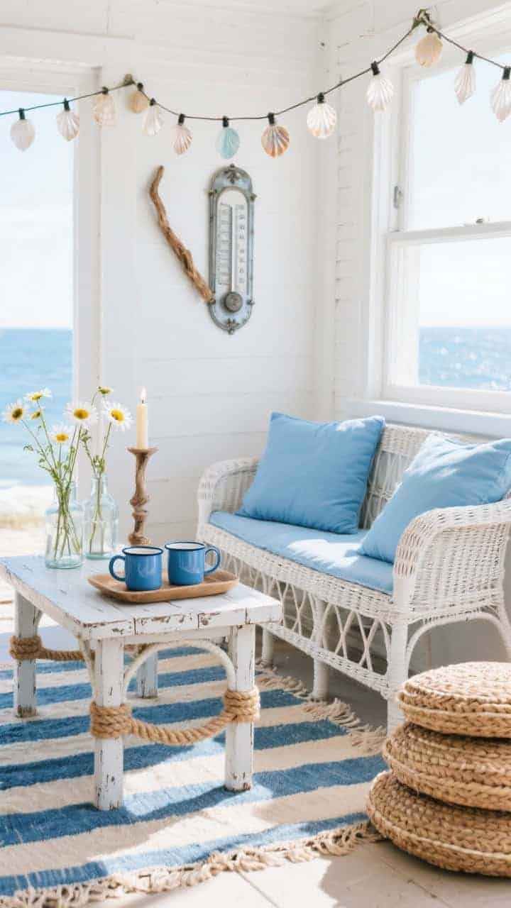 Medium shot, breezy “Sunwashed Blue Coastal Cottage Perch” scene: whitewashed rattan settee with sunwashed blue seat cushions; rope-wrapped side table holding blue enamel mugs on a weathered tray; striped cotton dhurrie rug in blue and sand tones; capiz shell string lights draped casually above; glass bud vases with wild daisies and driftwood candlesticks on the table; vintage-style metal wall thermometer mounted behind; stack of woven floor cushions nearby; bright coastal daylight, airy and nautical without clichés, photorealistic.