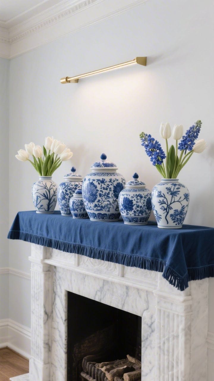 Medium shot, classic blue-and-white: mantle topped with a navy-bordered linen runner; cluster of blue and white porcelain ginger jars at center, flanked by petite willow-pattern vases; vases filled with white tulips and blue hyacinths; a thin brass gallery light above illuminating the display; polished, perennial mood; photorealistic.