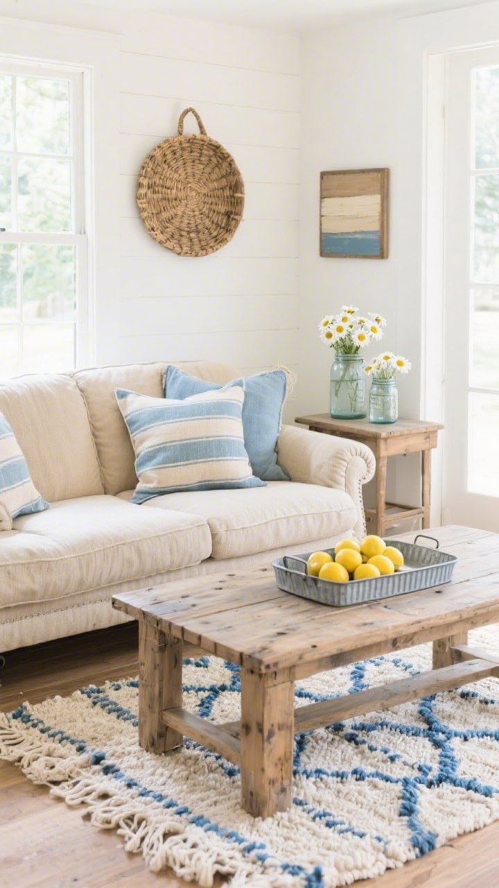 Medium shot, Farmhouse Summer: oatmeal rolled-arm sofa with grain sack stripe pillows in faded blue; reclaimed wood coffee table with a galvanized metal tray holding fresh lemons; cotton rag rug adding texture; woven tobacco basket as wall art; mason jar vases with daisies on a side table; palette of oatmeal, barnwood, cornflower blue, cream; bright cheerful daylight, photorealistic.