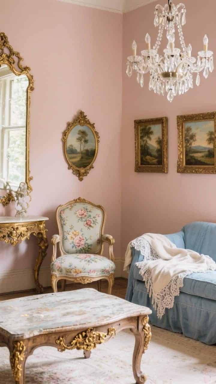 Medium shot: French flea-market-inspired corner featuring a Louis-style armchair in muted floral upholstery beside a carved wood coffee table with timeworn edges and subtle gold-leaf hints, antique gilt mirrors and a trio of oil landscapes in ornate frames on the wall, soft blush and dusty blue textiles including a lace-edged linen throw, a crystal chandelier sparkling above, warm romantic light, photorealistic.