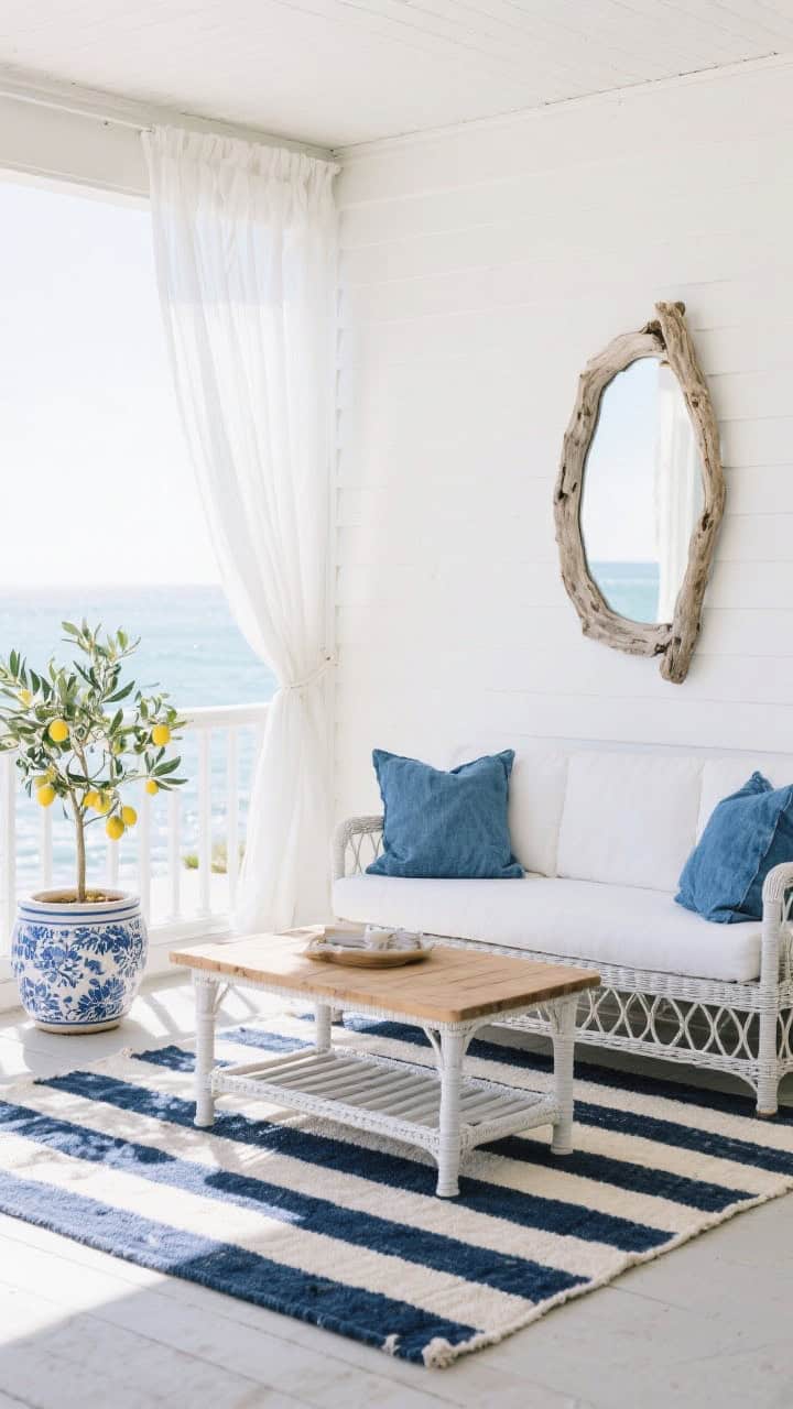 Medium shot from a corner angle of a coastal porch vignette: striped navy-and-cream outdoor rug beneath a low-profile white rattan loveseat layered with blue chambray pillows, slatted teak coffee table centered, airy white gauze curtains tied back and gently billowing, a weathered driftwood mirror mounted on the wall reflecting soft light, large blue-and-white ceramic planter holding a small lemon or olive tree; palette of navy, white, pale wood, seafoam accents; bright, breezy, seaside mood.