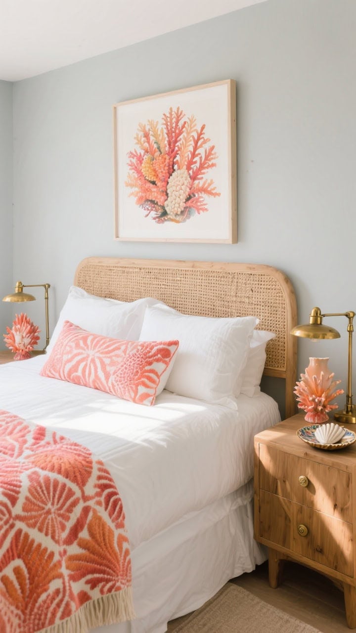 Medium shot highlighting coral accents: white bed against pale gray walls, natural wood nightstands, coral shams and a patterned coral throw providing a vibrant pop, one bold coral-focused art piece above the bed; brushed gold/aged brass hardware on lamps, a cane headboard adding brightness, coral ceramic lamp and shell-inlay tray on the nightstand; warm afternoon glow.