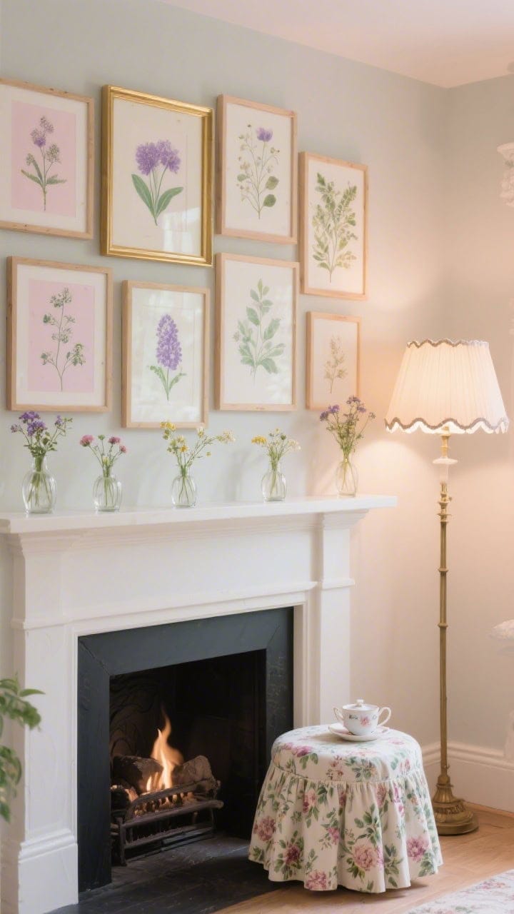 Medium shot, layered art focus: mantle lined with pastel botanical artworks in mismatched gold and pale wood frames; blush, lavender, and sage tones; tiny meadow florals in cut glass bud vases scattered across; to one side, a scalloped lamp softly glowing; beside the hearth, a skirted stool in a vintage floral print; tea-time-pretty, gentle ambient light; photorealistic.