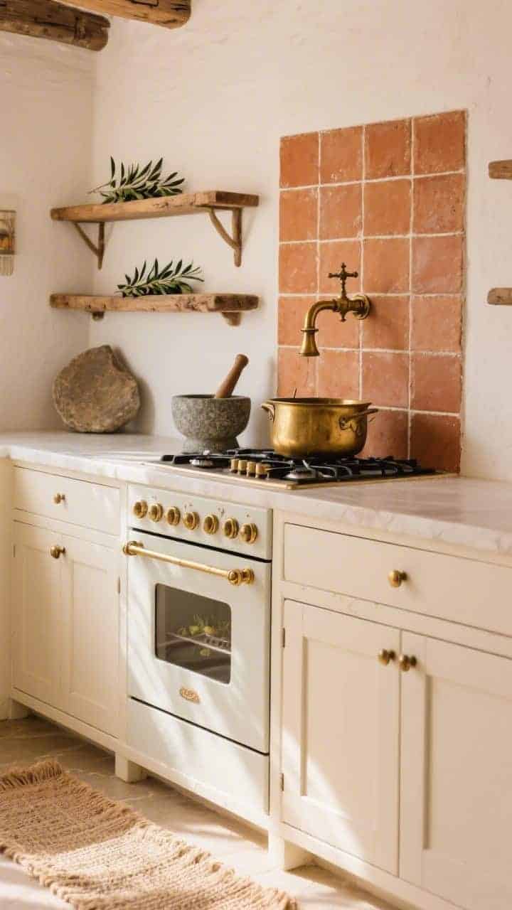 Medium shot of a Mediterranean cottage vignette: cream cabinets paired with terracotta-look backsplash tiles arranged in a simple grid. Aged wood open shelves hold olive branches and a stone mortar and pestle; a brass pot filler (or styled vintage spout) sits above the cooktop. Burnished brass hardware and a jute runner below. Warm, sun-kissed lighting and earthy tones.