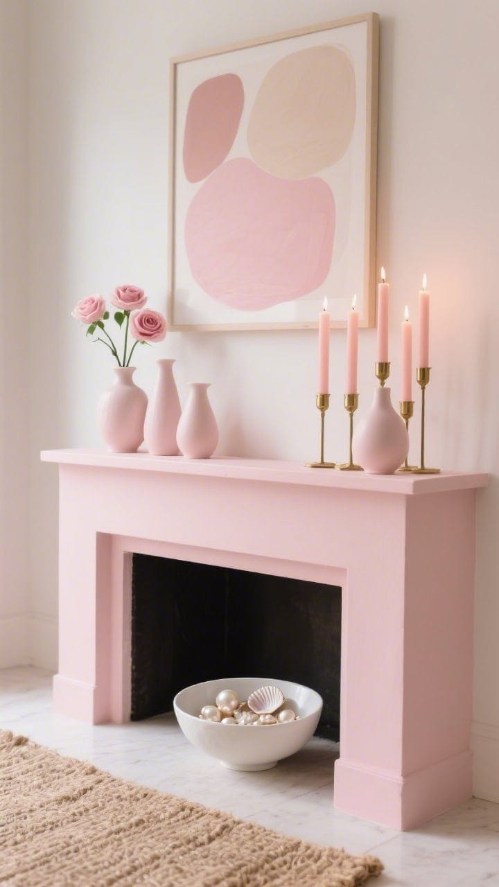 Medium shot of a pale pink mantle styled in monochrome blush; matte porcelain bud vases in varying heights, rose-tinted taper candles in slim brass holders clustered together; above, a muted abstract print in soft pink and beige; foreground hint of a natural jute rug; a white ceramic bowl filled with pearlized shells on the mantle; soft, diffused lighting for quiet romance; photorealistic.