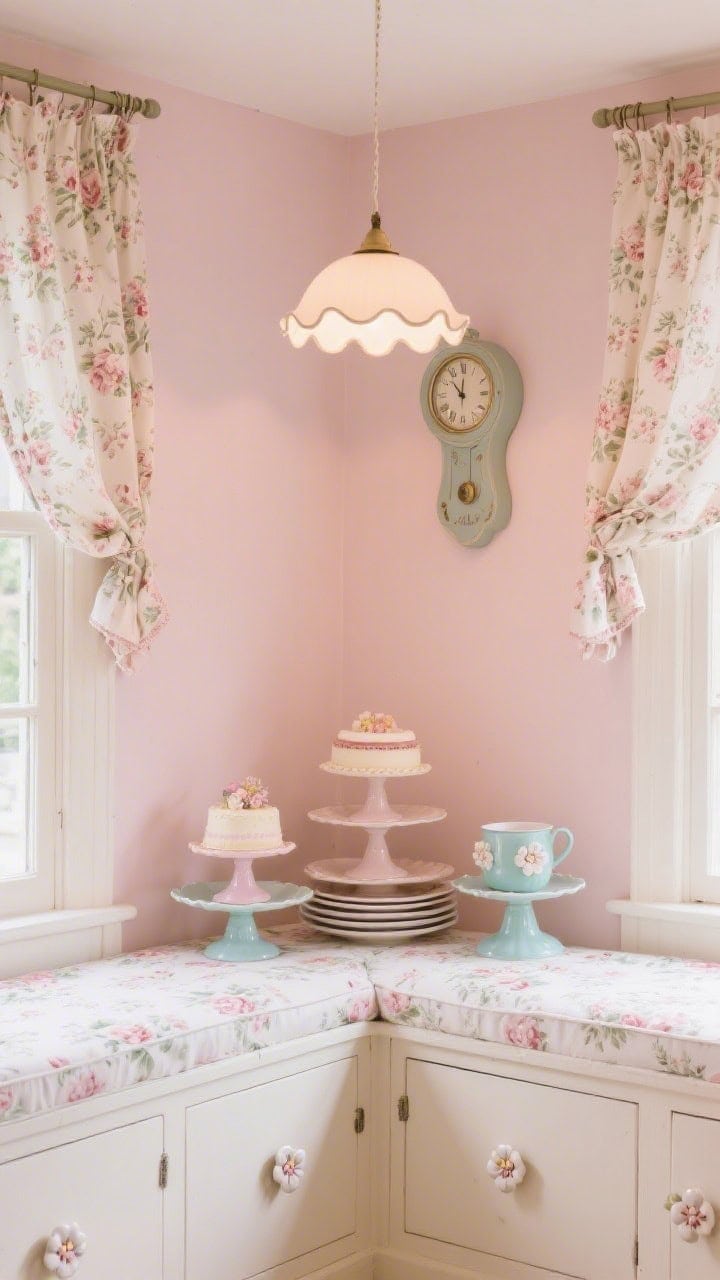 Medium shot of a romantic storybook corner: soft blush walls, ivory cabinets with ceramic flower knobs, and floral chintz fabric as cafe curtains or a bench cushion. Styled with stacked cake stands, pastel enamelware, and a vintage clock on the wall. A scalloped-edge pendant light hangs overhead, casting a gentle, whimsical glow. Soft, dreamy ambiance.