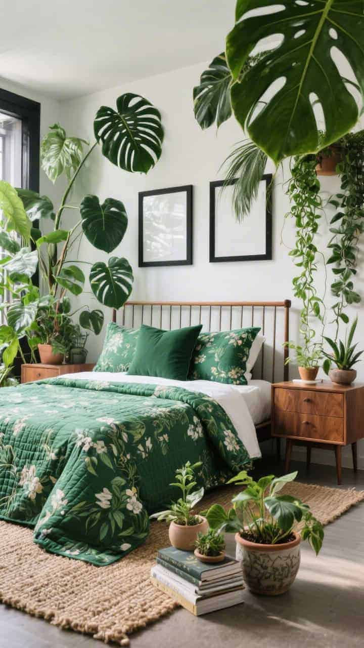 Bedroom with emerald floral bedding and live plants