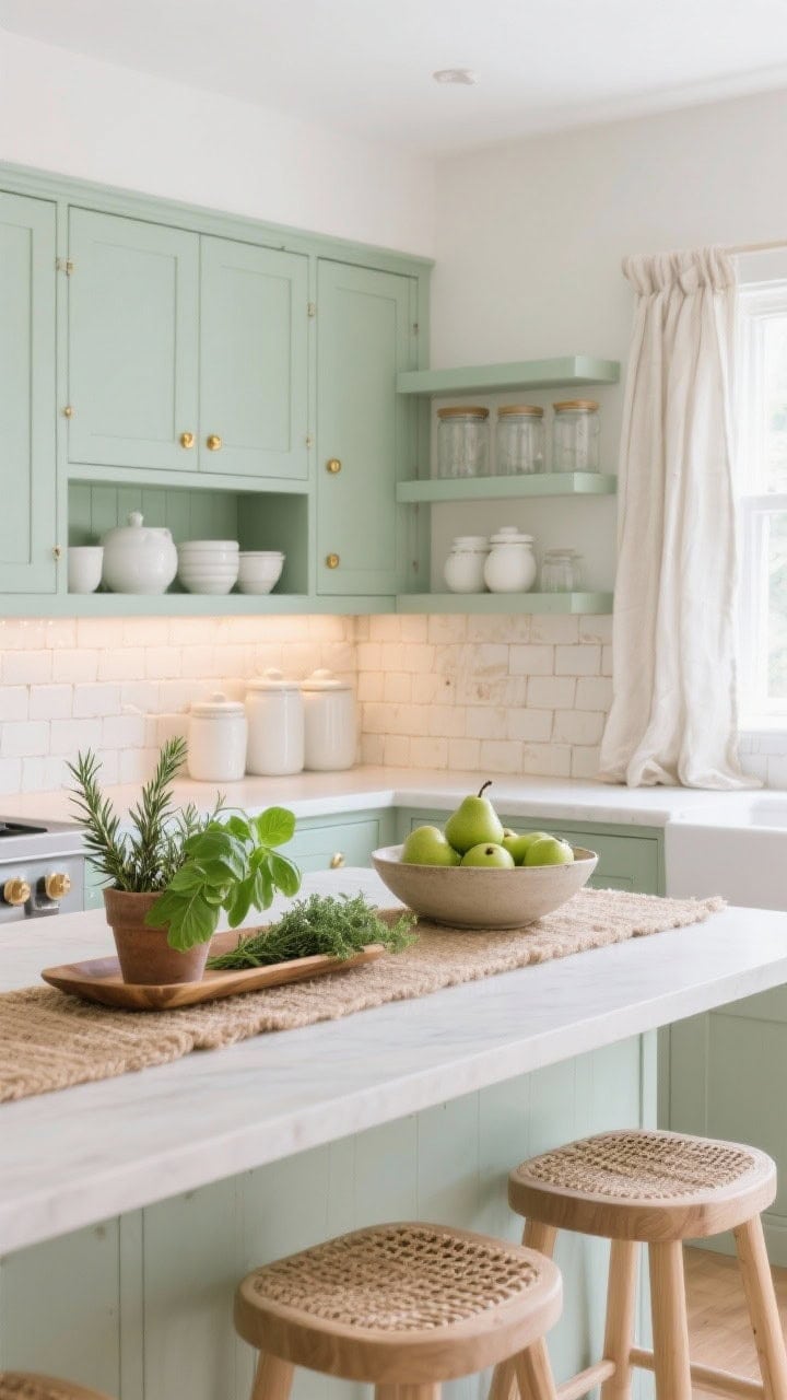 Medium shot of fresh herb kitchen island and shelving, bright diffused light: minty cabinet fronts with warm brass hardware; matte off-white zellige backsplash with handmade sheen; open shelves holding white stoneware and clear canisters; island with a natural sisal runner and a large bowl of green pears; light oak stools with woven seats; narrow tray with potted rosemary, basil, and thyme; linen café curtain filtering light; soft under-cabinet lighting warming surfaces. Photorealistic, clean and uncluttered, three-quarter angle.